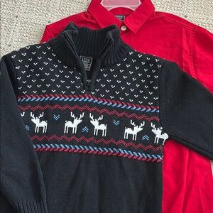 IZOD Boys Black Sweater with Reindeer Pattern and Red Button Down 4/5